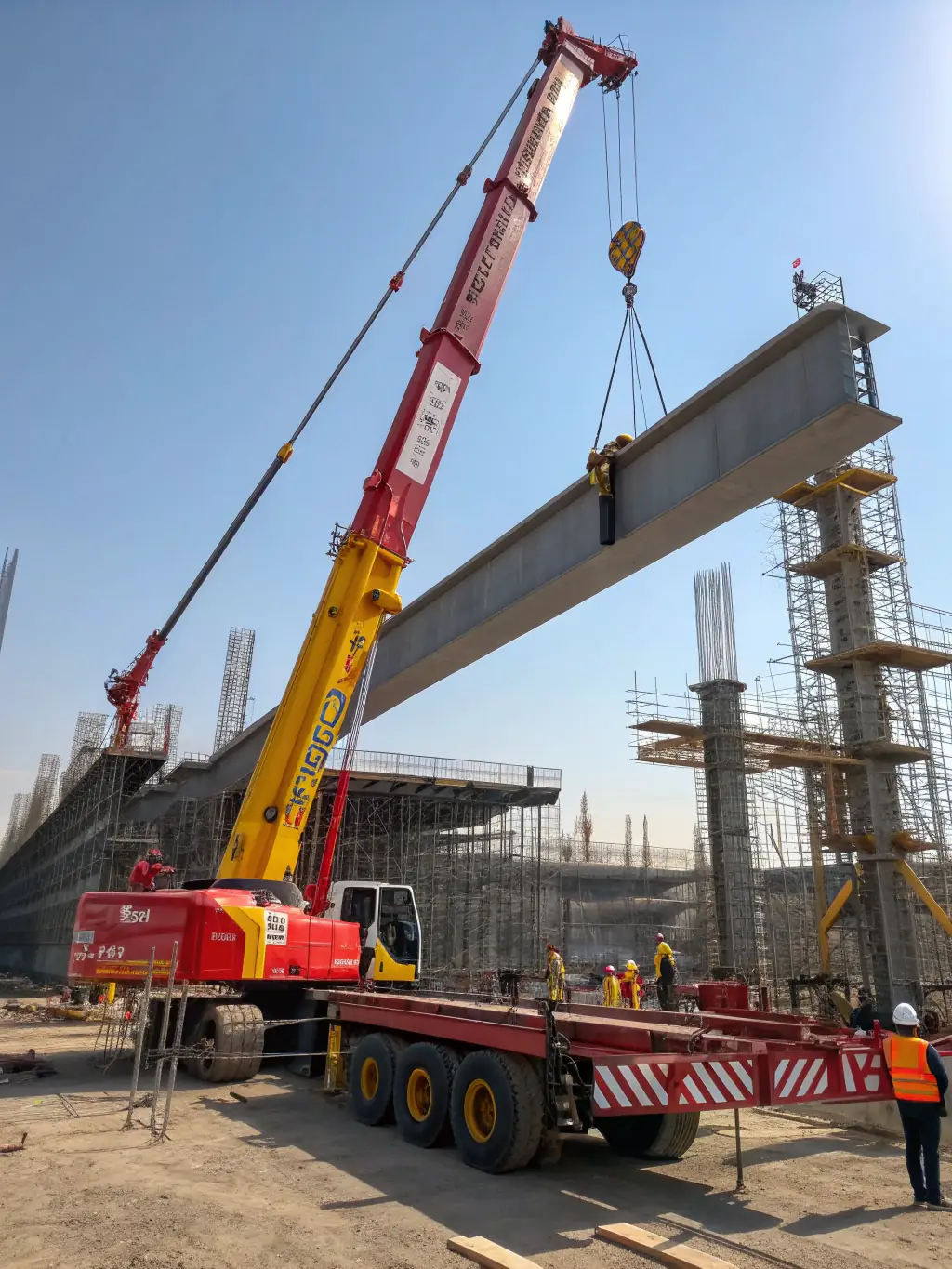 A crane lifting a heavy steel beam on a construction site, demonstrating its lifting capacity and precision in placing materials.