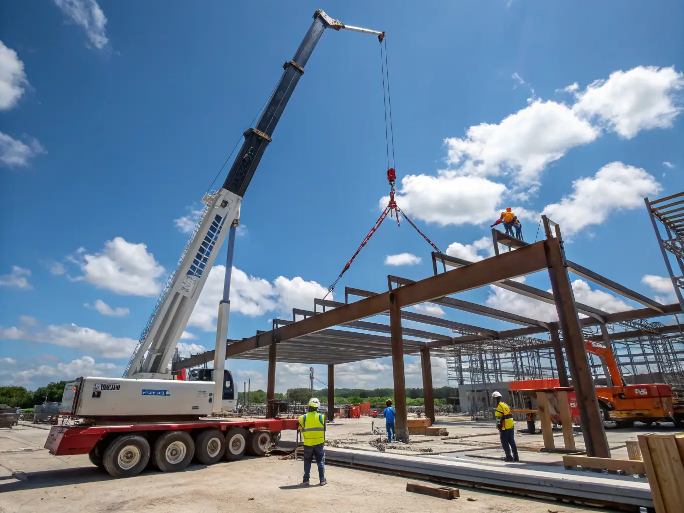 A modern crane lifting a heavy steel beam on a construction site. The crane is operated by a skilled professional, ensuring safety and precision.