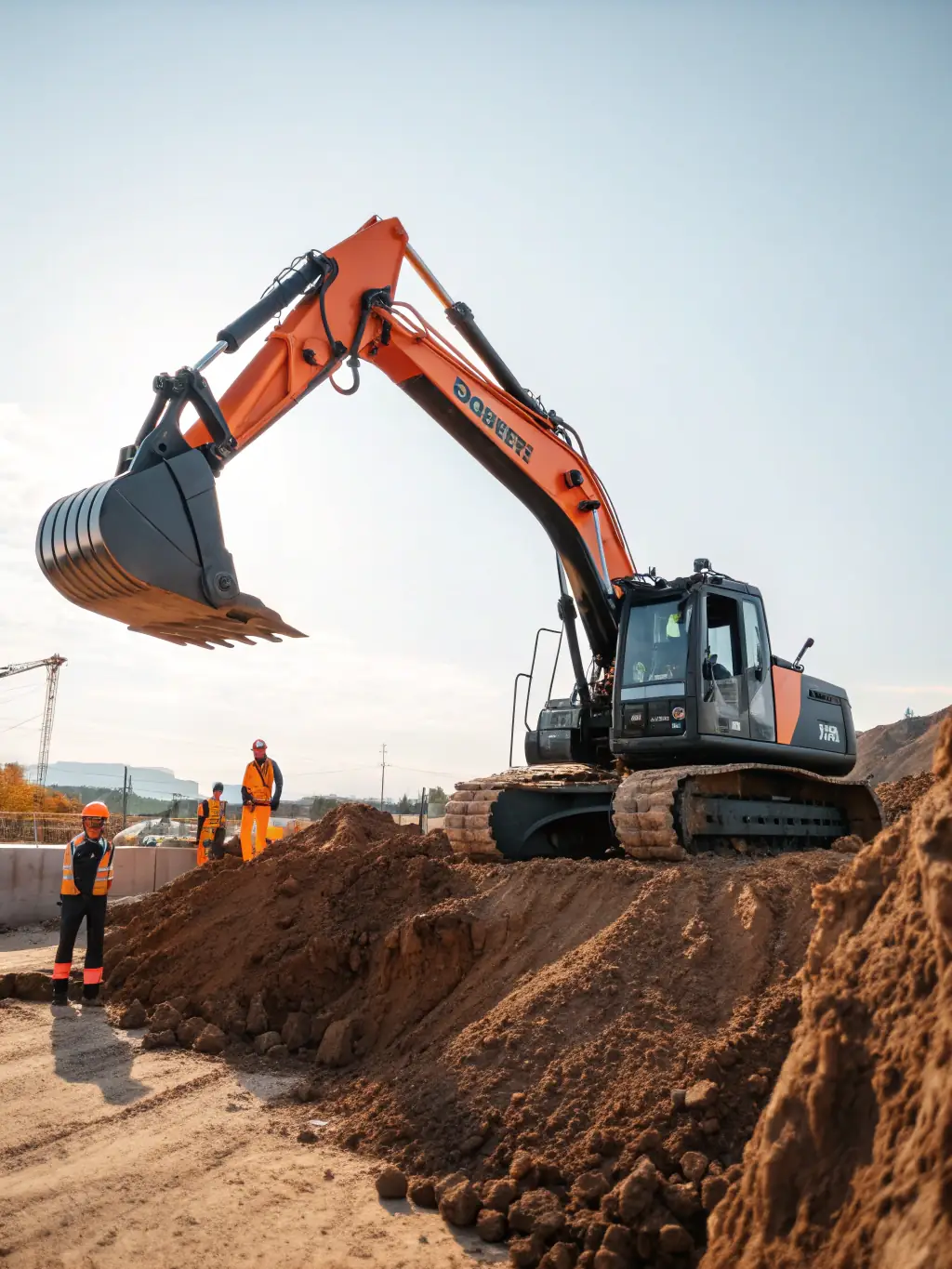 A high-resolution image of a modern excavator on a construction site, digging a trench for utility installation, showcasing its digging capabilities.