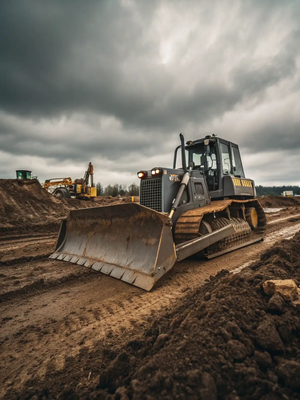 A detailed image of a bulldozer leveling a construction site, pushing soil and clearing the area for building foundations.