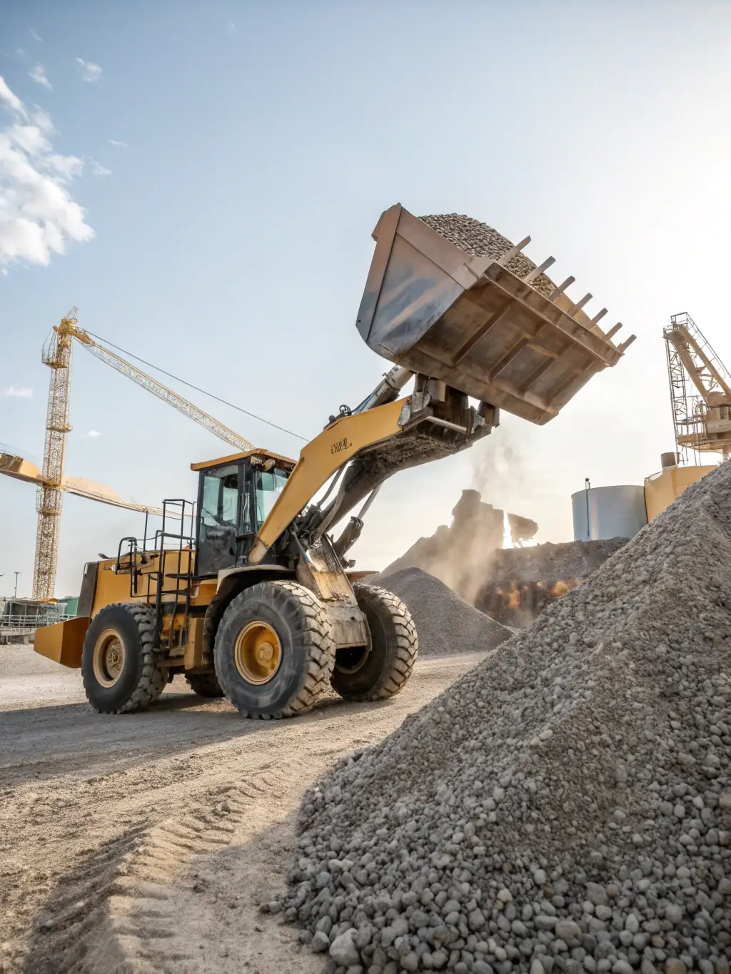 A front loader moving gravel on a construction site, showcasing its versatility in material handling and site cleanup.